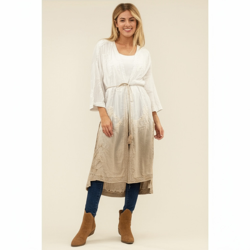 Kyla Seo Mikaila Jacket Small Latte Ombré Embroidered Boho Kimono Tunic
